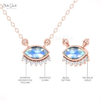 Genuine Moonstone Floating Necklace With Diamond Accents In 14k Solid Gold Necklaces