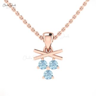 Triple Gemstone Pendant In 14k Solid Gold Aquamarine 2.5mm Round Dangle Women Necklace