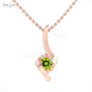 Solitaire Single Stone Charm With 14k Real Gold Peridot 4mm Round Gemstone Pendant For Her