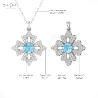 Dangle Unique Pendant In Pure 14k Gold Aquamarine And Diamond Floral Hallmark Necklace