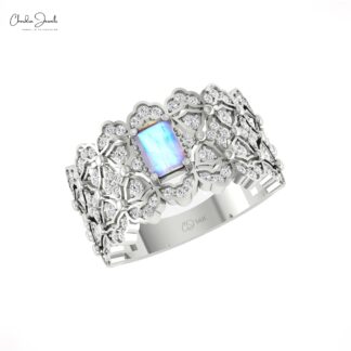 Statement Cocktail Ring With 0.6 Ct Rainbow Moonstone And Diamond Ring In 14k Solid Gold