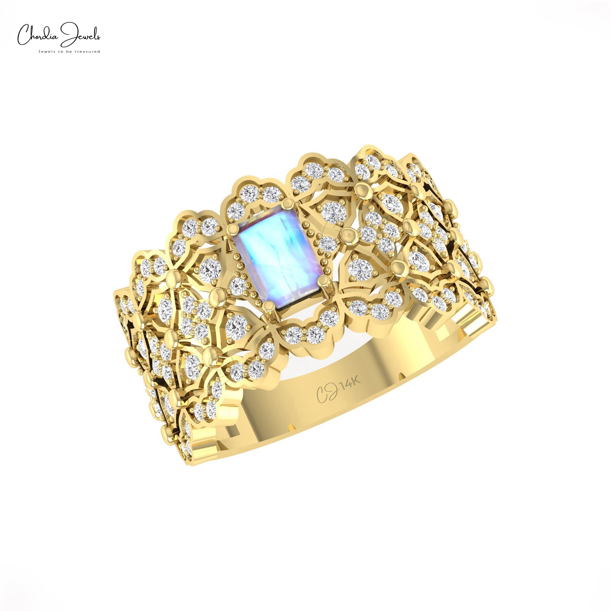 Statement Cocktail Ring With 0.6 Ct Rainbow Moonstone And Diamond Ring In 14k Solid Gold