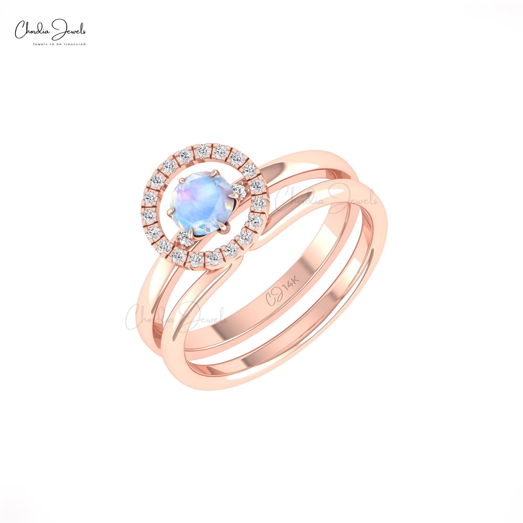 Daimond Stacking Two Band In 14k Real Gold Rainbow Moonstone 5mm Round Halo Ring