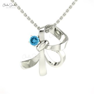 Natural Swiss Blue Topaz Knot Pendant In Real 14k Gold Gemstone 3mm Round Fine Jewelry