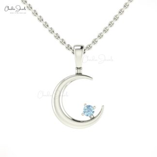 Natural Aquamarine 2mm Round Gemstone Charm With 14k Solid Gold Crescent Pendant