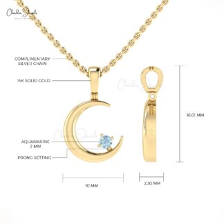 Natural Aquamarine 2mm Round Gemstone Charm With 14k Solid Gold Crescent Pendant