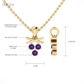 Real 14k Gold Trio Gemstone Pendant With 2.5mm Brilliant Cut Amethyst Pendant