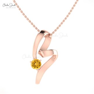 Natural Yellow Citrine Gemstone Twisted Pendant in 14k Real Gold Curved Fine Jewelry