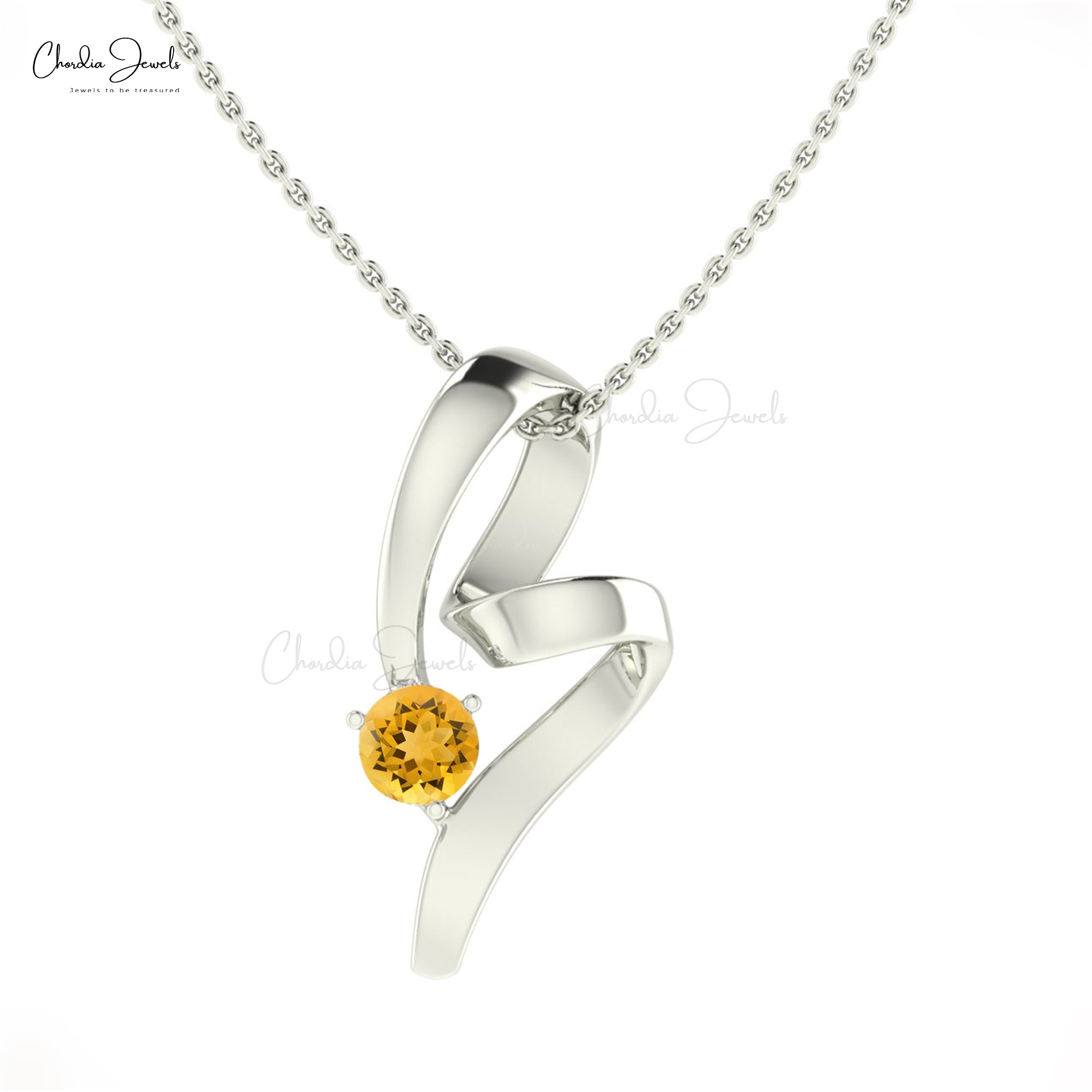 Natural Yellow Citrine Gemstone Twisted Pendant in 14k Real Gold Curved Fine Jewelry