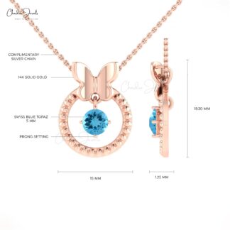 Genuine Swiss Blue Topaz Dangle Pendant With 5mm Round Cut December Birthstone Jewelry