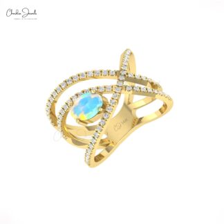 Dual Birthstone Crossover Ring In Solid 14k Gold Fire Opal And Diamond Handmade Ring