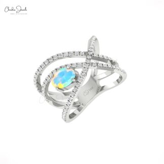 Dual Birthstone Crossover Ring In Solid 14k Gold Fire Opal And Diamond Handmade Ring