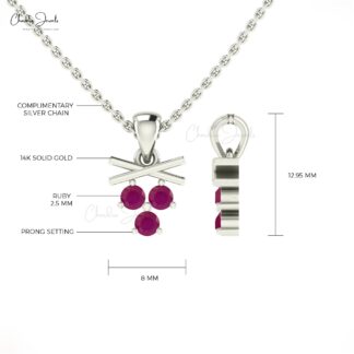 Three Stone Cluster Pendant In 14k Solid Gold With 2.50mm Brilliant Cut Ruby Necklace For Love