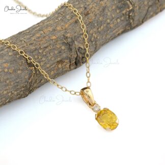 Diamond Accented Pendant In 14k Solid Gold With 7x5mm Yellow Sapphire Two Stone Pendant For Gf