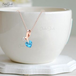 AAA Heart Swiss Blue Topaz Pendant In 14k Solid Gold Twisted Diamond Hallmark Jewelry