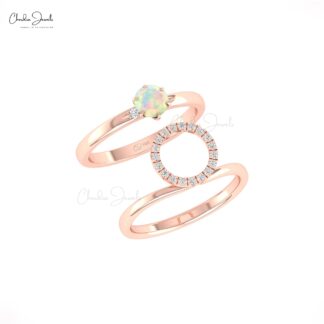 Dual Birthstone Halo Ring With 0.45 Ct Fire Opal And Diamond 14k Solid Gold Stack Bands