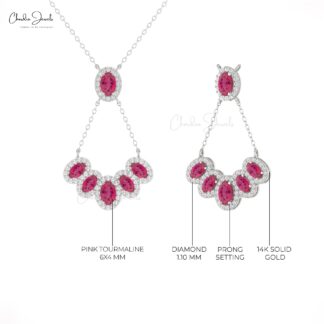 Oval Pink Tourmaline Cluster Necklace In 14k Real Gold Multi Halo Diamond Chain Necklaces