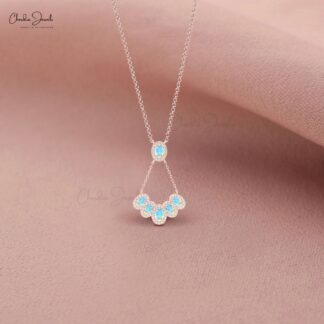 AAA Fire Opal Multi Halo Y Necklace In 14k Solid Gold Diamond Clutser Hallmarked Jewelry