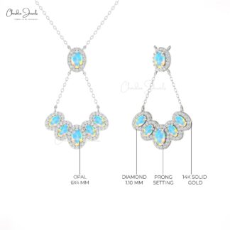 AAA Fire Opal Multi Halo Y Necklace In 14k Solid Gold Diamond Clutser Hallmarked Jewelry