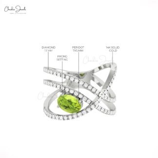 Statement Diamond Ring With 7x5mm Peridot August Birthstone 14k Real Gold Infinity Rings