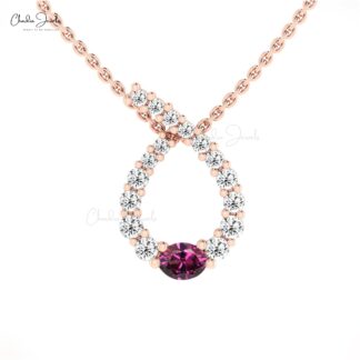 Two Birthstone Curved Pendant With 4x3mm Rhodolite Garnet And Diamond 14k Gold Pendants