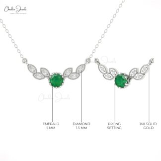 Round Cut Floral Necklace In Real 14k Gold Emerald And Diamond Chain Necklace For Mom