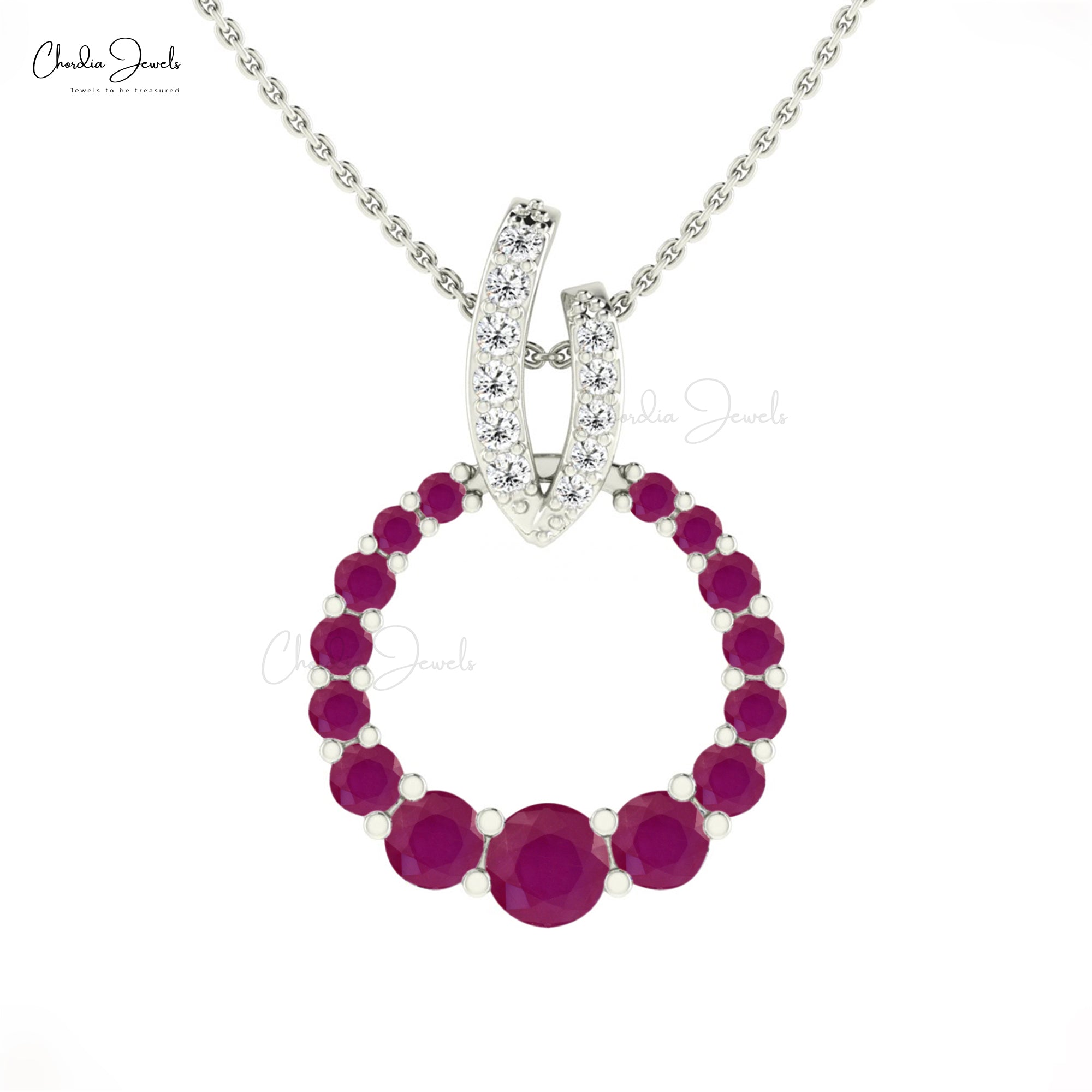 Open Circle Pendant With Round 2 CTW Ruby And Pave Diamond 14k Solid Gold Handcrafted Necklace