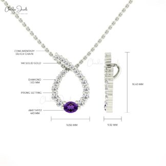 Solid 14k Gold Twisted Pendant With 0.19 TCW Amethyst And Small Diamond Curved Necklace