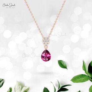 Cluster Diamond Pendant With 9x7mm Rhodolite Garnet 14k Pure Gold Dangle Pendant