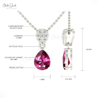 Cluster Diamond Pendant With 9x7mm Rhodolite Garnet 14k Pure Gold Dangle Pendant