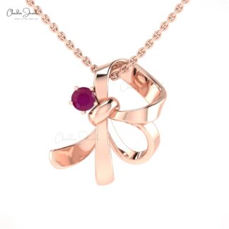 Single Stone Knot Pendant With 0.11 CTW Burma Ruby Prong Set In 14k Real Gold Necklace