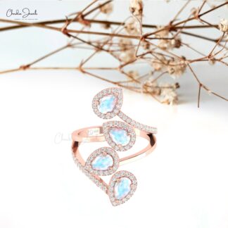 Halo Leaf Statement Ring With 6x4mm Rainbow Moonstone Diamond Unique Ring In 14k Gold