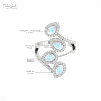 Halo Leaf Statement Ring With 6x4mm Rainbow Moonstone Diamond Unique Ring In 14k Gold