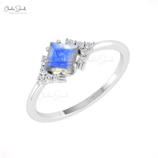 Authentic Moonstone Half Halo Ring In Solid Gold G-H Diamond Proposal Minimal Jewelry