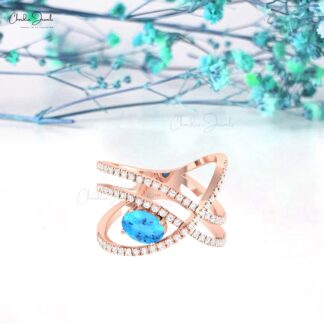 Solid 14k Gold Overlapping Ring With 0.72 Ct Swiss Blue Topaz And Diamond Wedding Rings
