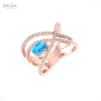Solid 14k Gold Overlapping Ring With 0.72 Ct Swiss Blue Topaz And Diamond Wedding Rings