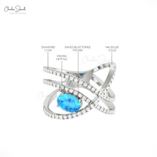Solid 14k Gold Overlapping Ring With 0.72 Ct Swiss Blue Topaz And Diamond Wedding Rings