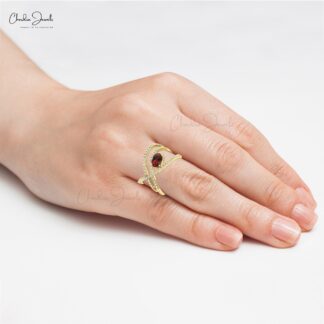 Dainty Diamond Crossover Ring In 14k Solid Gold Red Garnet 7x5mm Oval Anniversary Ring
