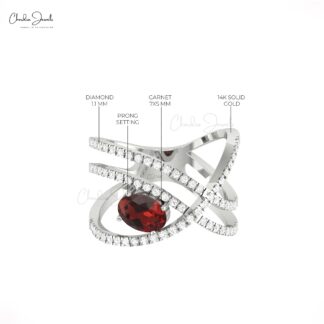 Dainty Diamond Crossover Ring In 14k Solid Gold Red Garnet 7x5mm Oval Anniversary Ring