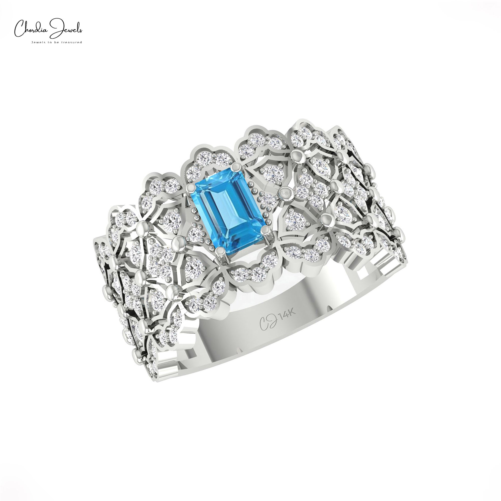 Signature Cocktail Diamond Ring In 14k Solid Gold Swiss Blue Topaz Anniversary Rings