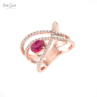 Overlapping Diamond Ring With 7x5mm Pink Tourmaline Infinity Rings In 14k Real Gold