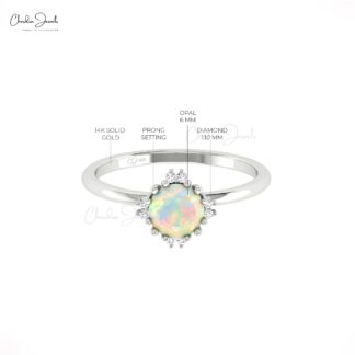 Two Birthstone Dainty Ring In 14k Pure Gold Fire Opal 6mm Round And Diamond Women Rings