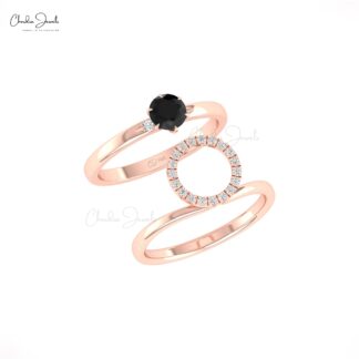 Solitaire Halo Diamond Ring In 14k Solid Gold Black Diamond 5mm Round Cut Wedding Rings