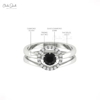 Solitaire Halo Diamond Ring In 14k Solid Gold Black Diamond 5mm Round Cut Wedding Rings