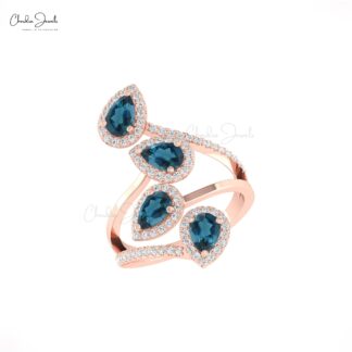 Dainty Diamond Cocktail Ring In Pure 14k Gold London Blue Topaz Hallmarked Halo Rings