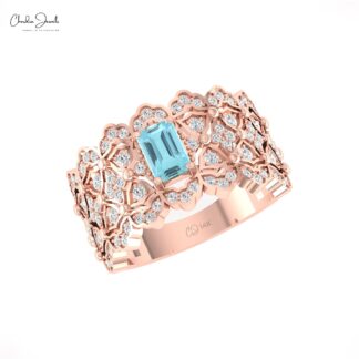 Octagon Statement Ring With 6x4mm Aquamarine And Diamond 14k Solid Gold Cluster Rings