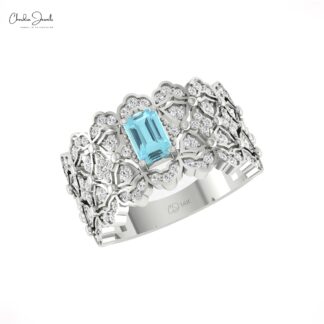 Octagon Statement Ring With 6x4mm Aquamarine And Diamond 14k Solid Gold Cluster Rings