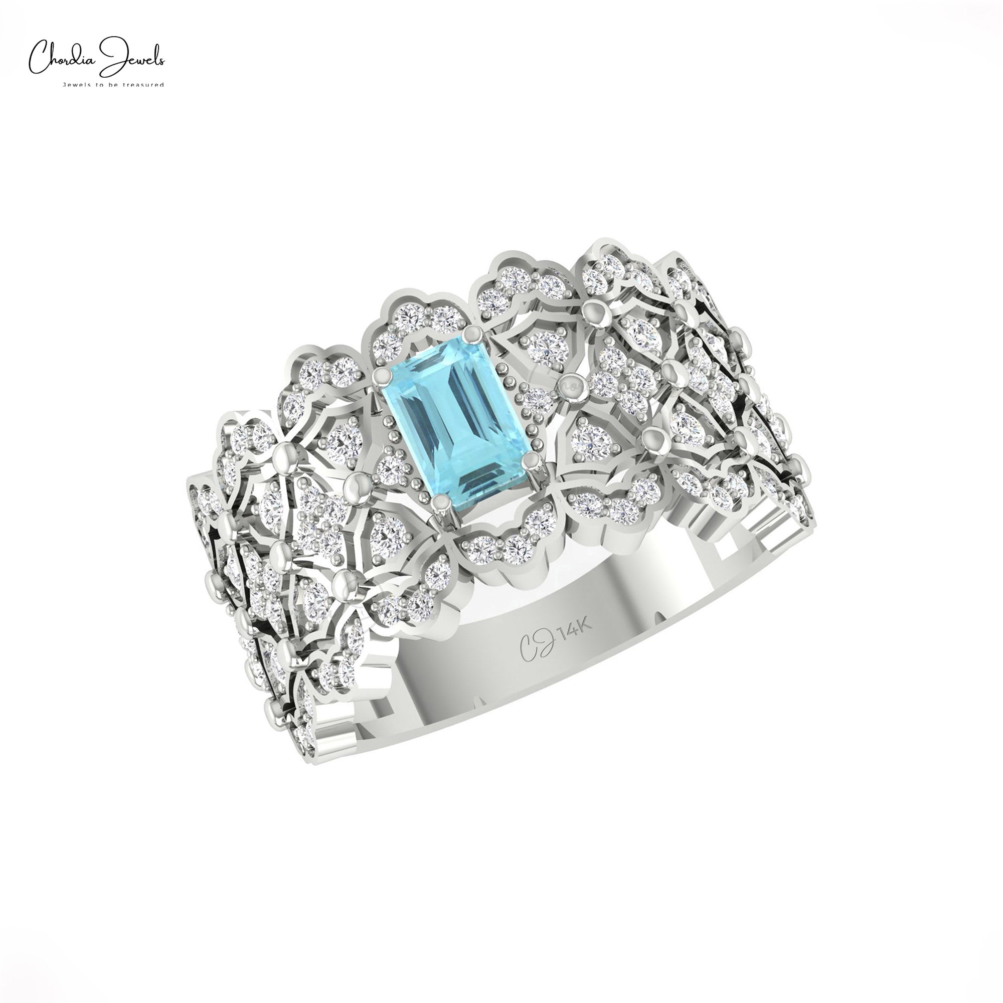 Octagon Statement Ring With 6x4mm Aquamarine And Diamond 14k Solid Gold Cluster Rings