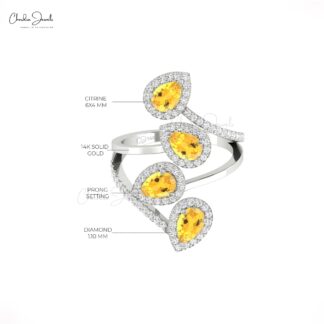 Leaf Cocktail Citrine Ring in 14K Solid Gold with Halo Diamonds