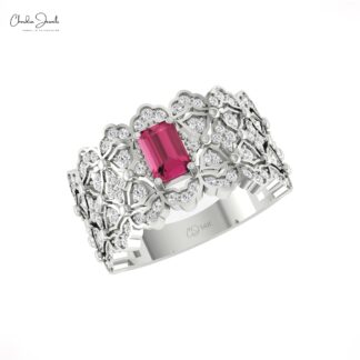 Diamond Cluster Wedding Ring In Real 14k Gold Pink Tourmaline Octagon Cut Cocktail Rings